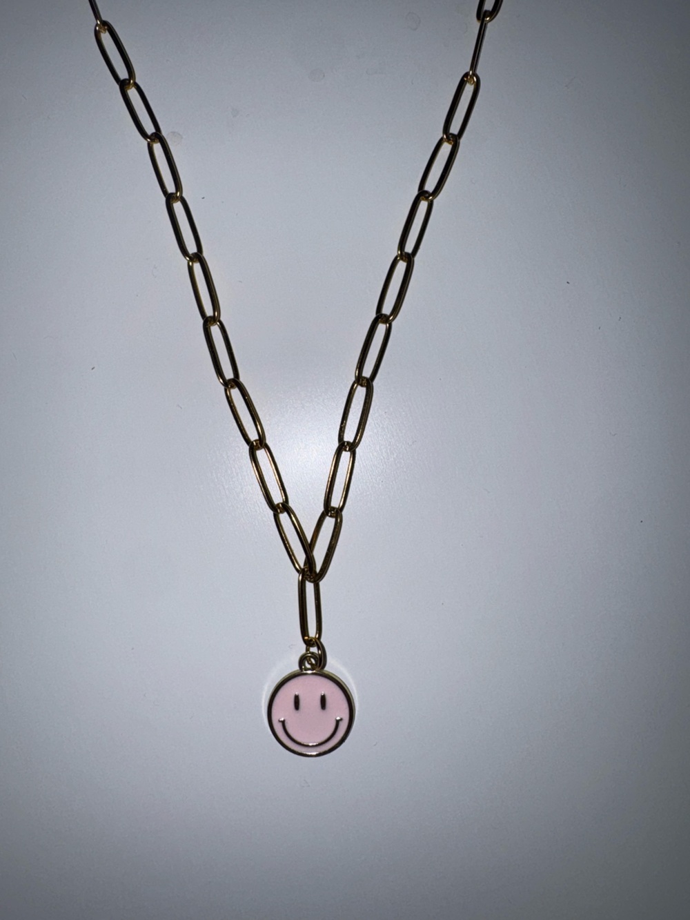 Gold Chain Necklace with Pink Enamel Smiley Face Pendant - Women Jewelry